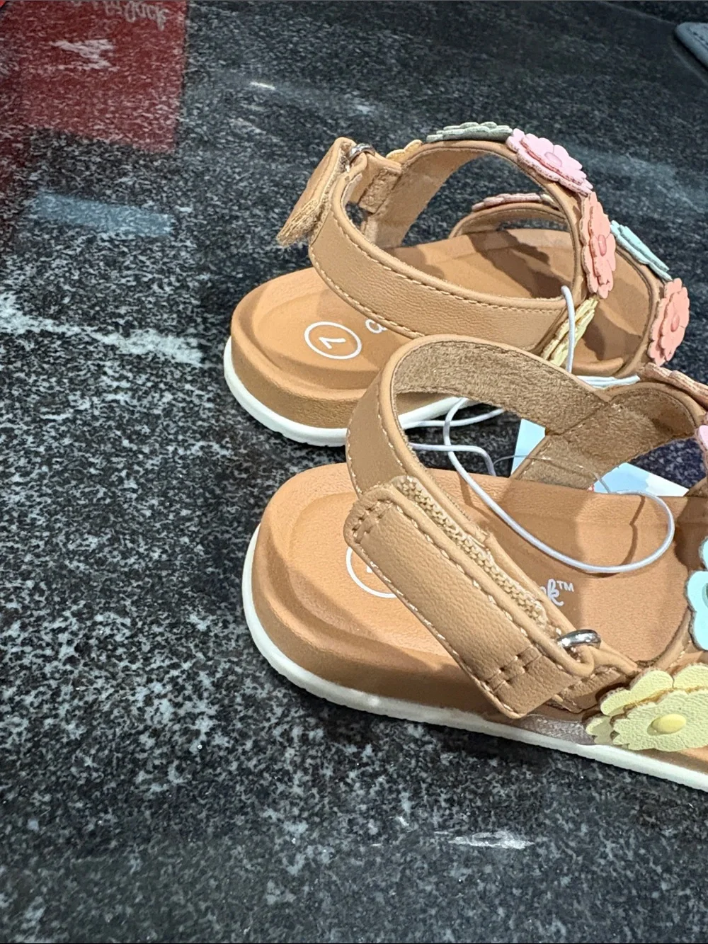 Cat & Jack Tan Sandals with Pink and Yellow Flower Accents
